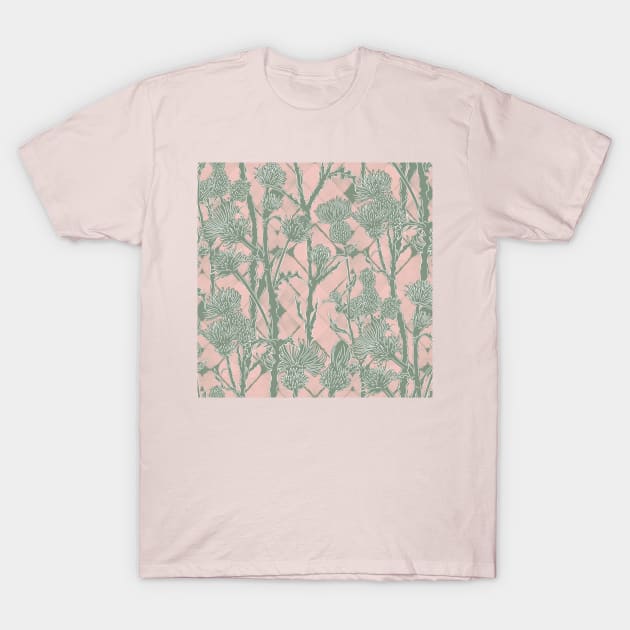 Blush and Sage Green Thistle Flowers T-Shirt by Carolina Díaz